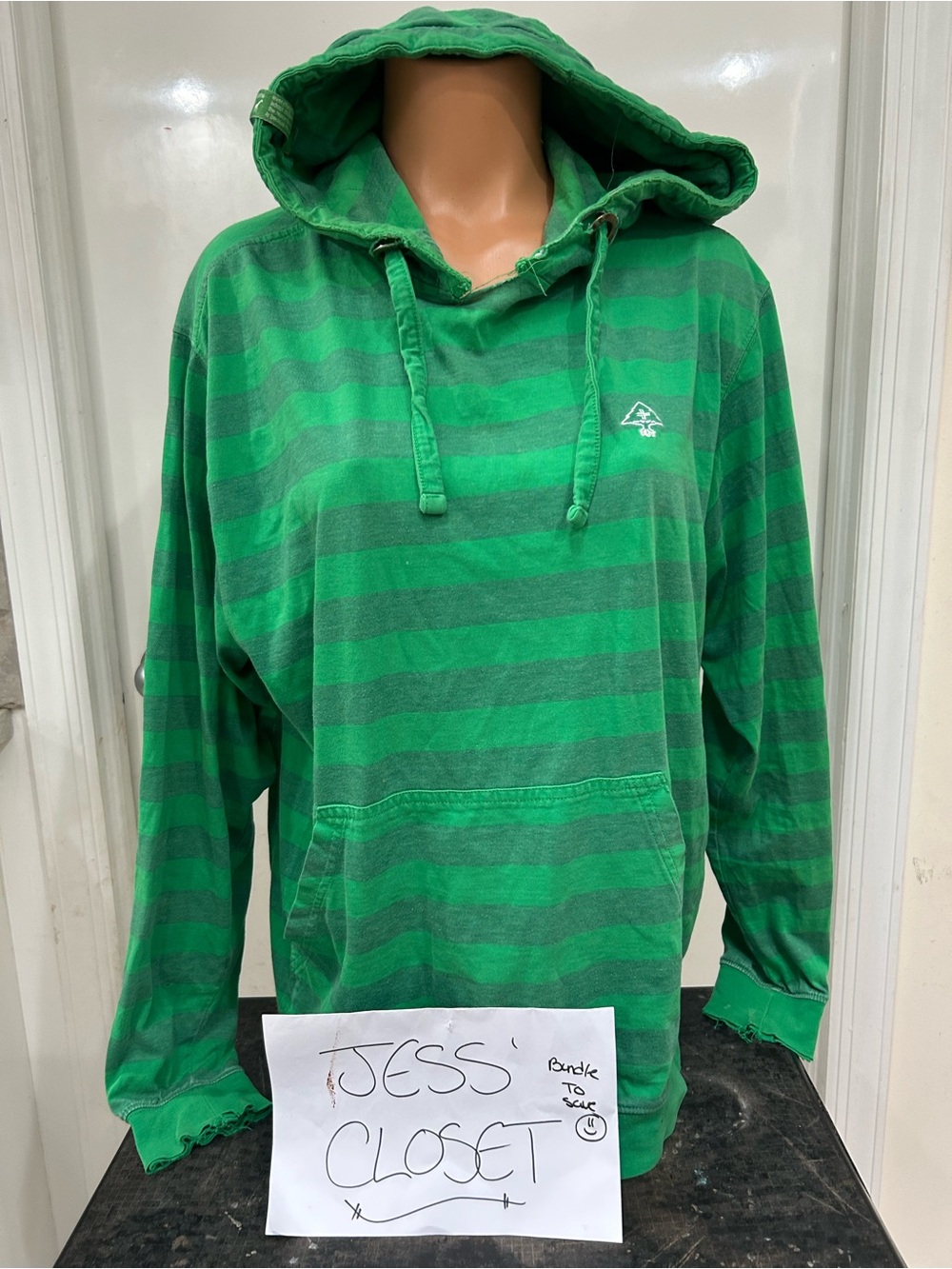 LRG Small Y2K Green Striped Hooded Pullover Sweater - Men's